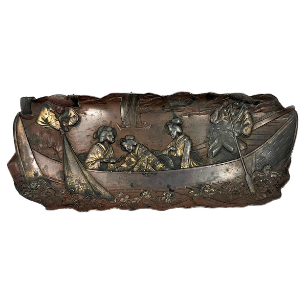 Finely Detailed Antique Japanese Mixed Metal Tray - Tea while Fishing