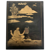 Hand-painted Gold on Black Japanese Lacquer Box with Figure, Signed