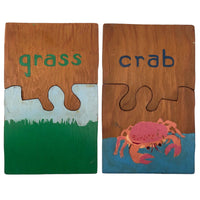 Handmade Double Sided Wooden Puzzle: Crab & Grass