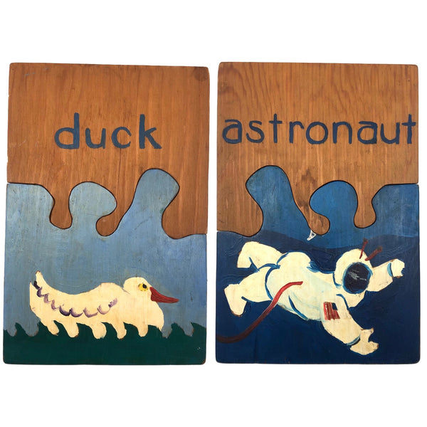 Handmade Double Sided Wooden Puzzle: Duck & Astronaut