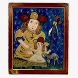 Shepherdesses with Lamb, Old Reverse Glass Folk Art Painting