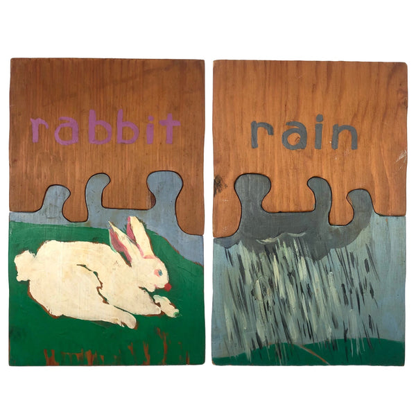 Handmade Double Sided Wooden Puzzle: Rabbit & Rain