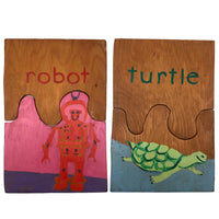 Handmade Double Sided Wooden Puzzle: Robot & Turtle