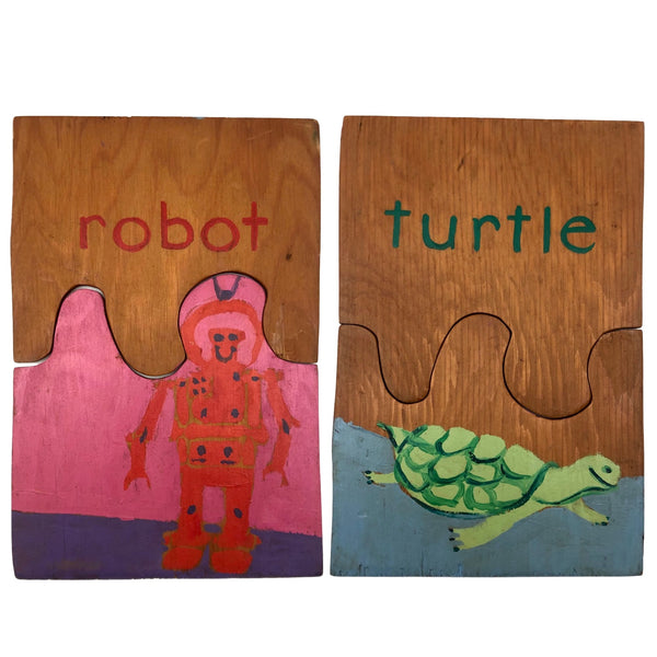Handmade Double Sided Wooden Puzzle: Robot & Turtle